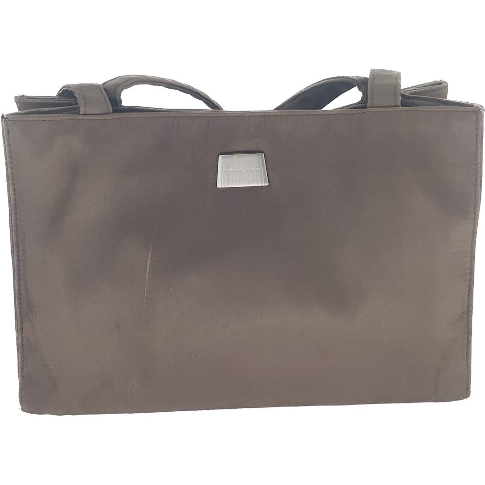 Perlina Brown Nylon Shoulder Bag Medium Size Snap Close Handles Pockets New York